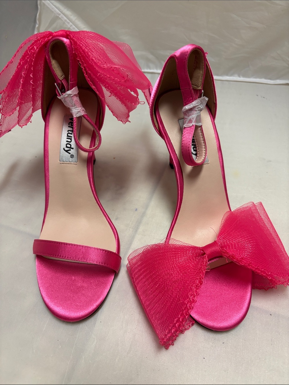 Vertundy Bridal Pink Heels Stiletto Pump Asymmetric Mesh Bow Ankle Strap 6 New
